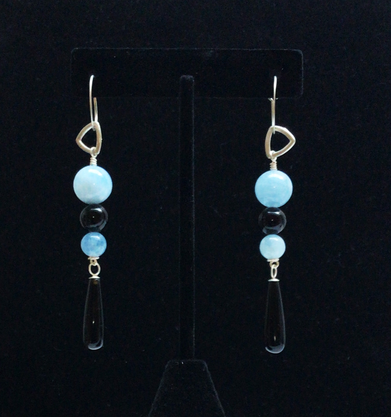 AQUAMARINE AND BLACK ONYX DANGLES ON SILVER