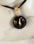 VENETIAN GLASS PENDANT ROUND BROWN W GOLD ON LEATHER